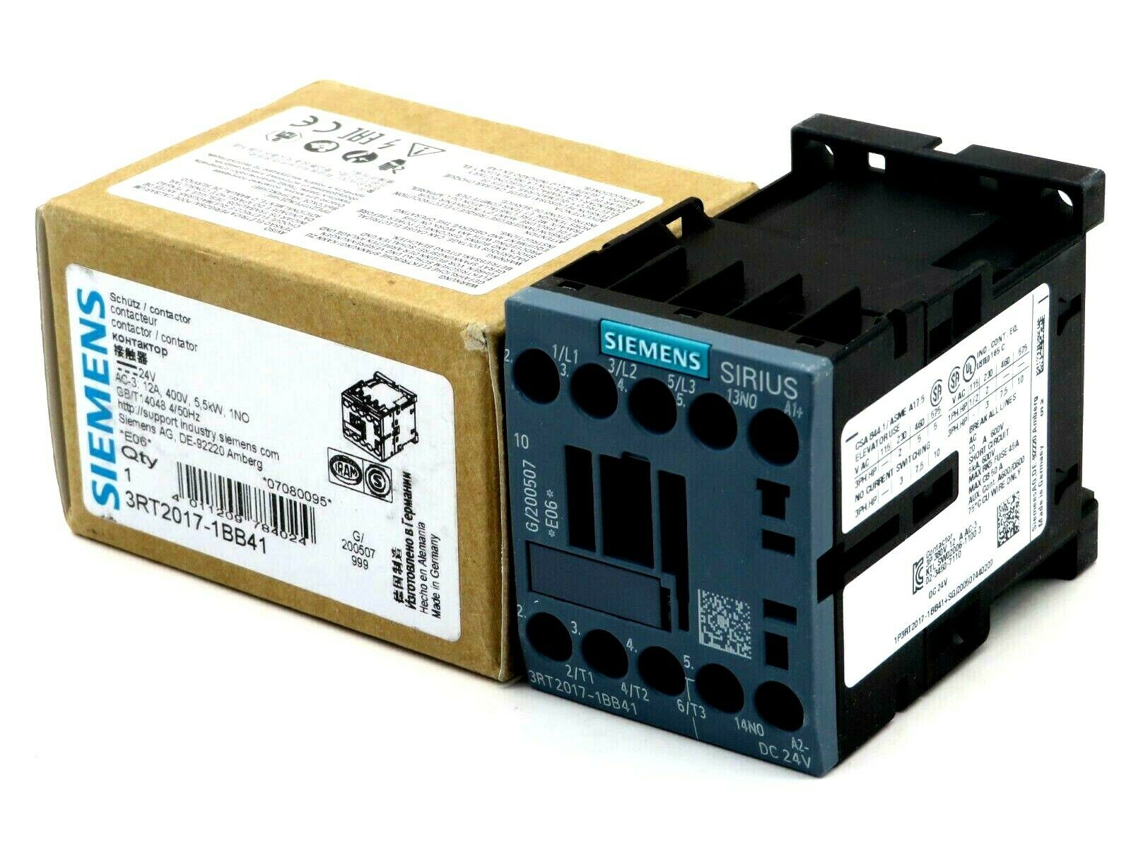 Industrial Controls Contactors & Accessories Siemens 3RT20171BB41 Power Contactor, AC-3, 12 A, 400V, 1NO, 24VDC, 3 Pole, Size S00, Screw Terminal